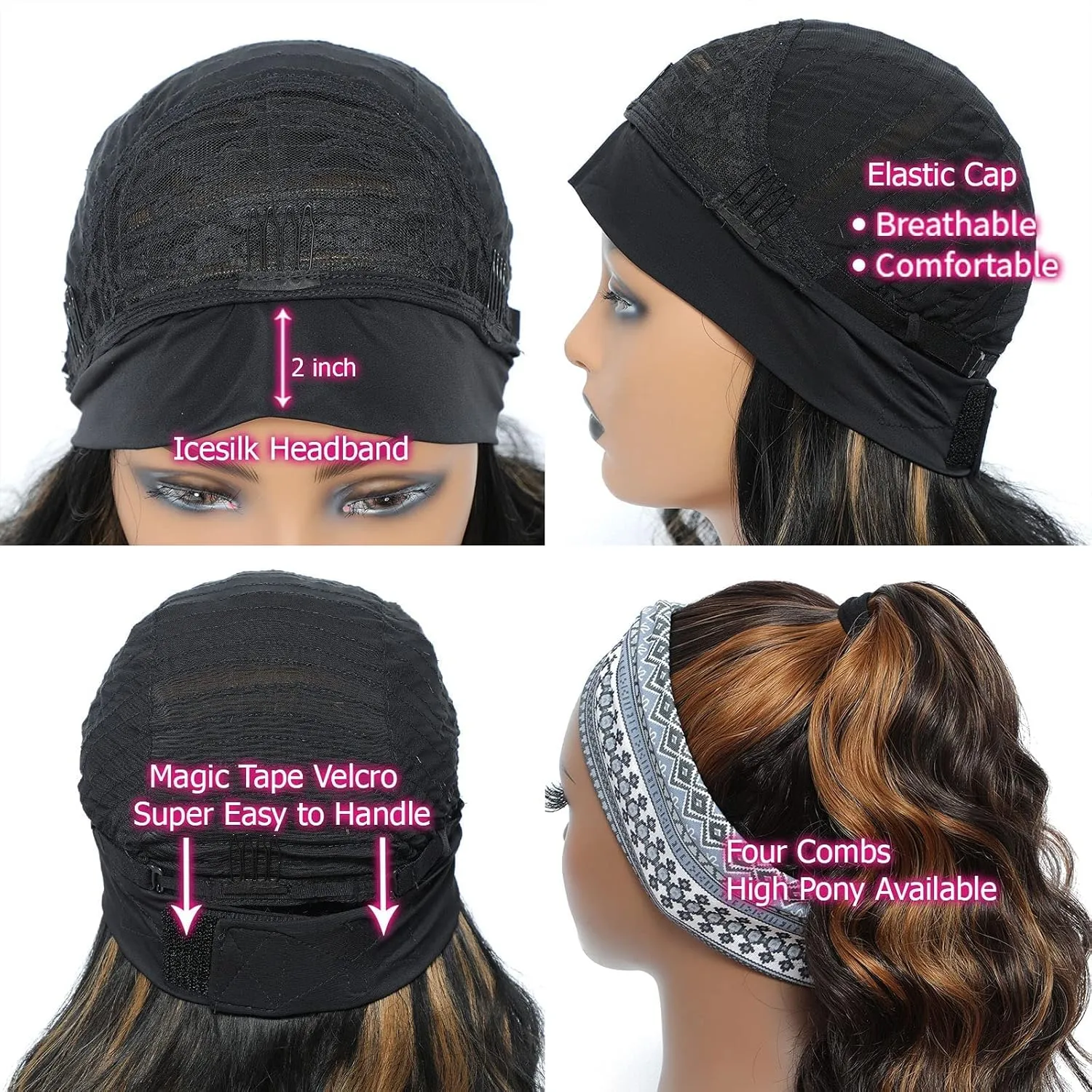 Long Headband Wigs for Black Women Synthetic Headband Wig Black Mix Brown Highlight Color Loose Body Wavy Glueless Wigs with Headband