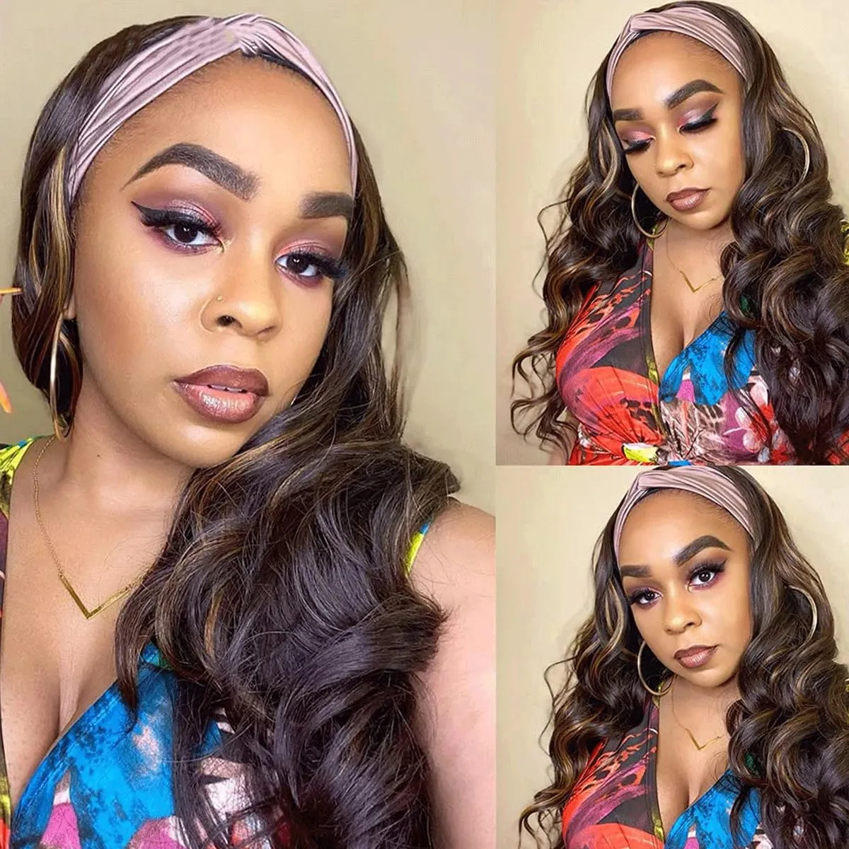 Long Headband Wigs for Black Women Synthetic Headband Wig Black Mix Brown Highlight Color Loose Body Wavy Glueless Wigs with Headband