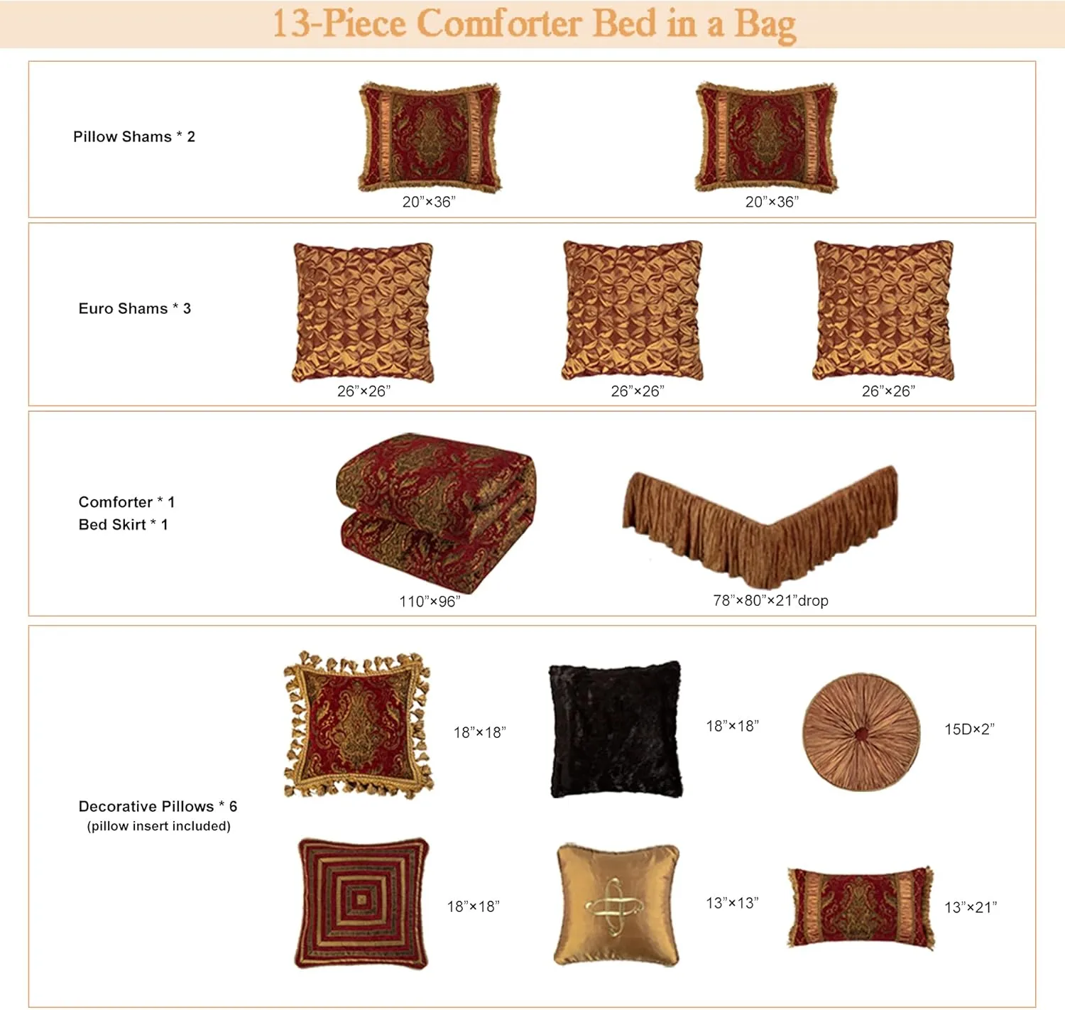 Loom and Mill 13-Piece Comforter Bed in a Bag, Classic Damask Jacquard Comforter Sets King, Luxury Bedding Set with Bed Skirt, Euro Shams and Decorative Pillows, All Season(Florence, King) Red