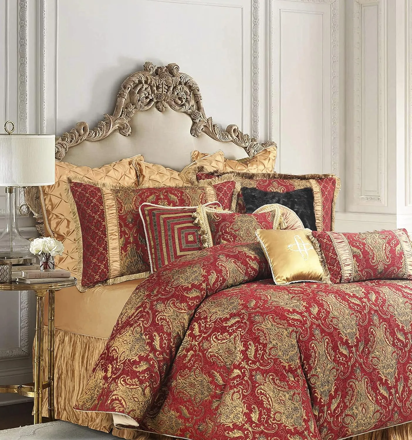Loom and Mill 13-Piece Comforter Bed in a Bag, Classic Damask Jacquard Comforter Sets King, Luxury Bedding Set with Bed Skirt, Euro Shams and Decorative Pillows, All Season(Florence, King) Red