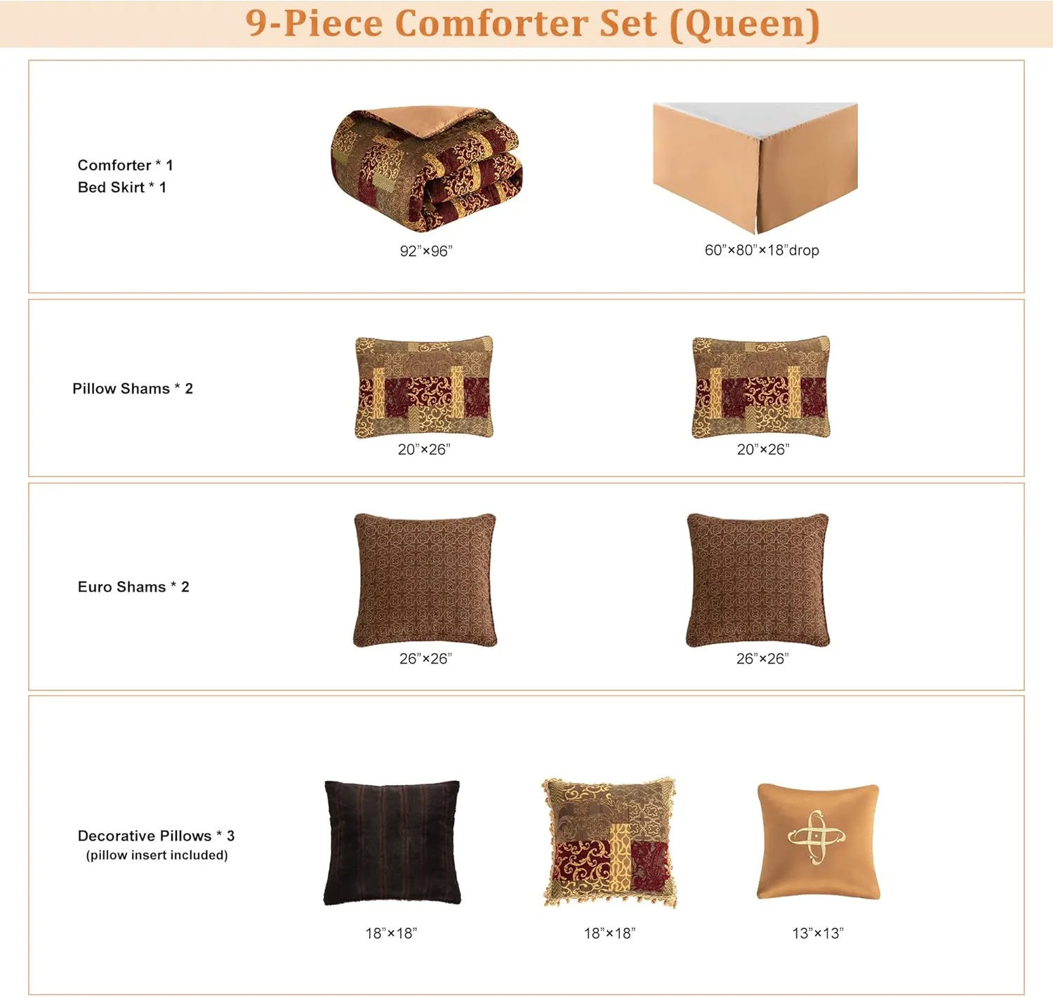 Loom and Mill 9-Piece Jacquard Comforter Set, Luxury Traditional Patchwork Comforter Queen Sets, Ultra Soft Bedding with Euro Shams, Bedskirt, Filled Decorative Pillow for Home Bedroom (Loong, Queen)