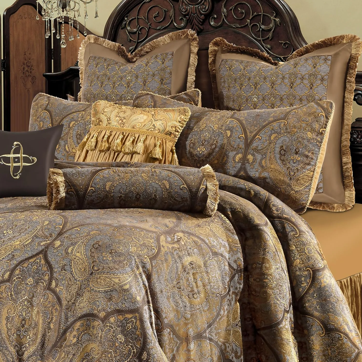 Loom and Mill Jacquard Comforter Set-9 Piece, Luxury Classic Antique Comforter Set King, Ultra Soft Damask Bedding with Euro Shams, Bedskirt, Filled Decorative Pillows(Cambridge, King),Bronze Gold
