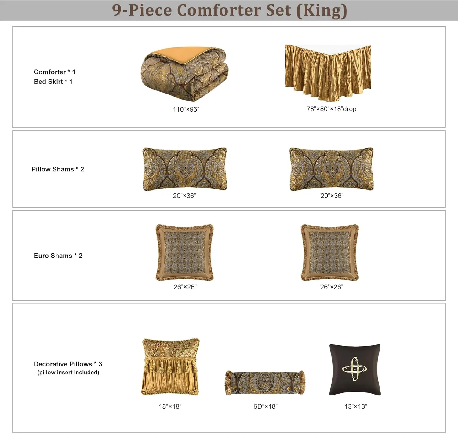 Loom and Mill Jacquard Comforter Set-9 Piece, Luxury Classic Antique Comforter Set King, Ultra Soft Damask Bedding with Euro Shams, Bedskirt, Filled Decorative Pillows(Cambridge, King),Bronze Gold
