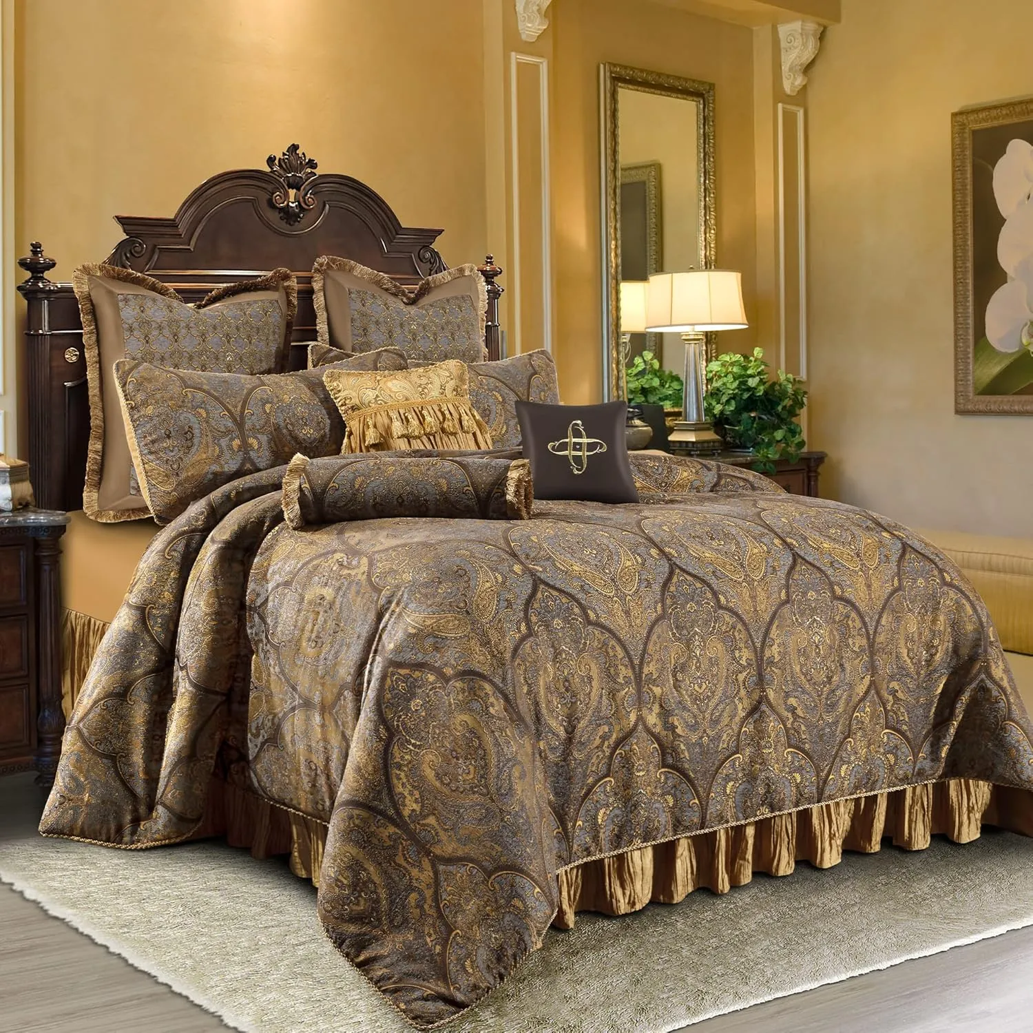 Loom and Mill Jacquard Comforter Set-9 Piece, Luxury Classic Antique Comforter Set King, Ultra Soft Damask Bedding with Euro Shams, Bedskirt, Filled Decorative Pillows(Cambridge, King),Bronze Gold