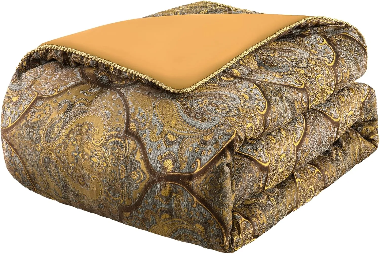 Loom and Mill Jacquard Comforter Set-9 Piece, Luxury Classic Antique Comforter Set King, Ultra Soft Damask Bedding with Euro Shams, Bedskirt, Filled Decorative Pillows(Cambridge, King),Bronze Gold