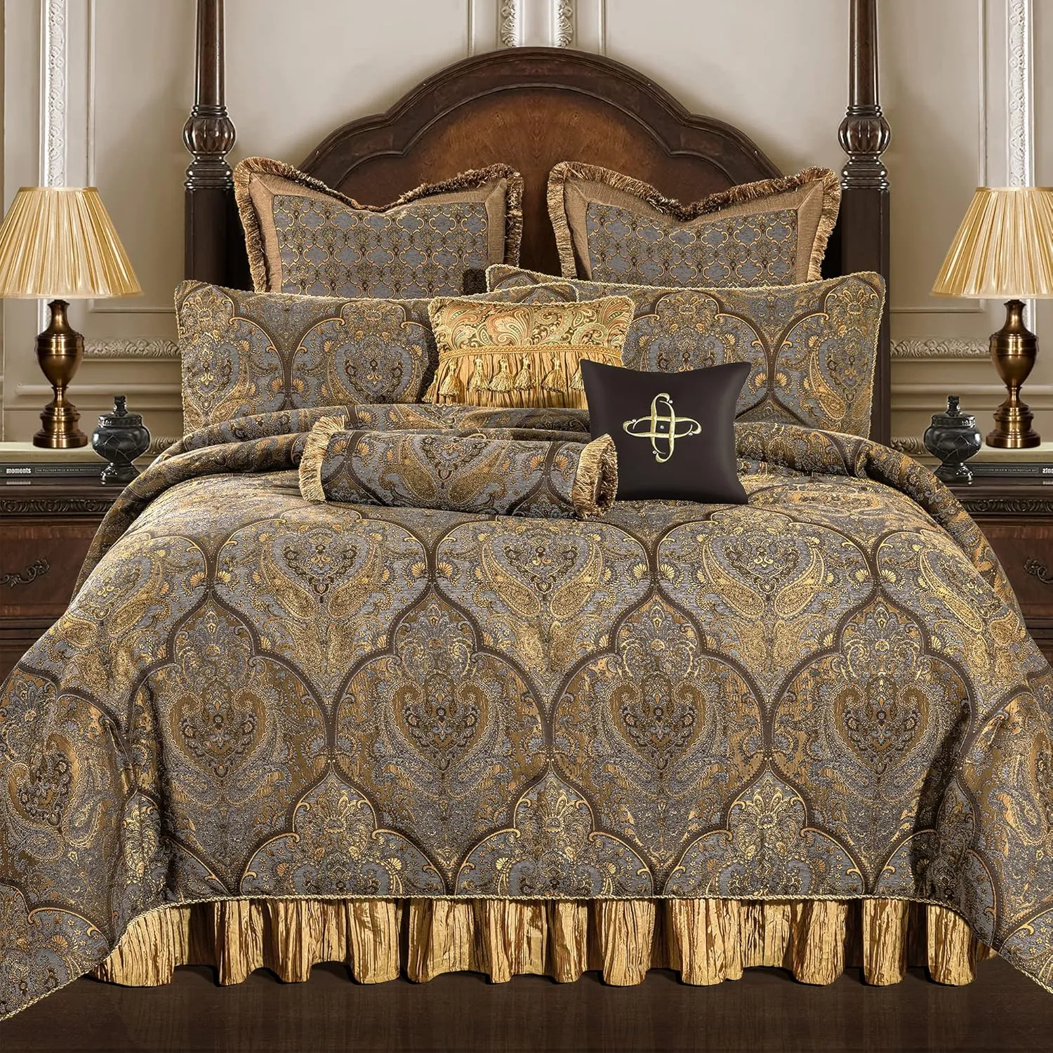 Loom and Mill Jacquard Comforter Set-9 Piece, Luxury Classic Antique Comforter Set King, Ultra Soft Damask Bedding with Euro Shams, Bedskirt, Filled Decorative Pillows(Cambridge, King),Bronze Gold