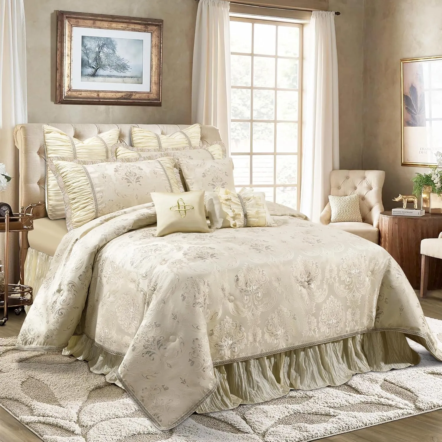 Loom and Mill Luxury Comforter Set, Jacquard Floral Design Comforter King Sets for Bedroom, Quality Bedding Set Princess Style with Euro Shams, Bedskirt, Decorative Pillows, Creamy Apricot, 9 Pieces