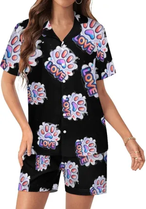 Love Paw Print Women's Satin Pajama Set Short Sleeve Button Down Sleepwear Loungewear Pj Set