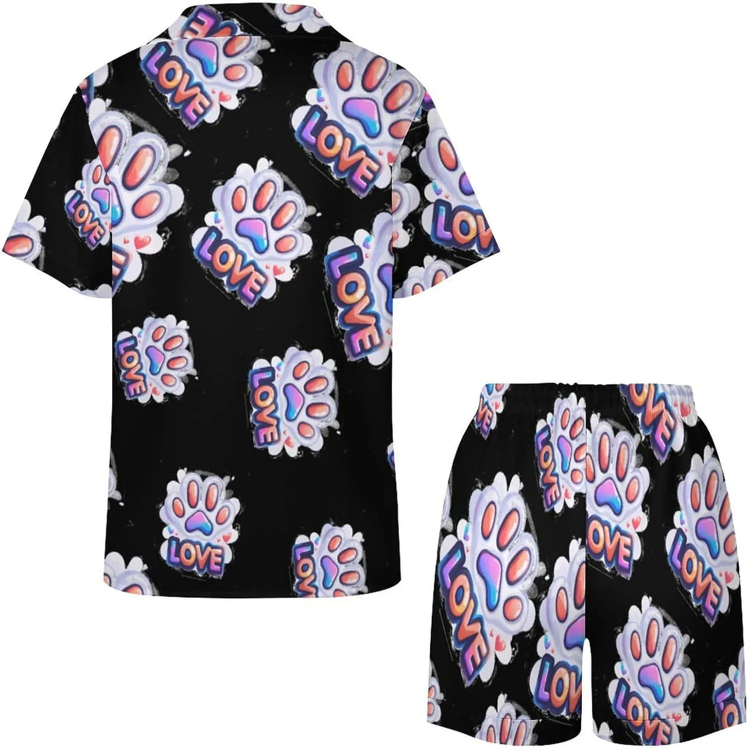 Love Paw Print Women's Satin Pajama Set Short Sleeve Button Down Sleepwear Loungewear Pj Set