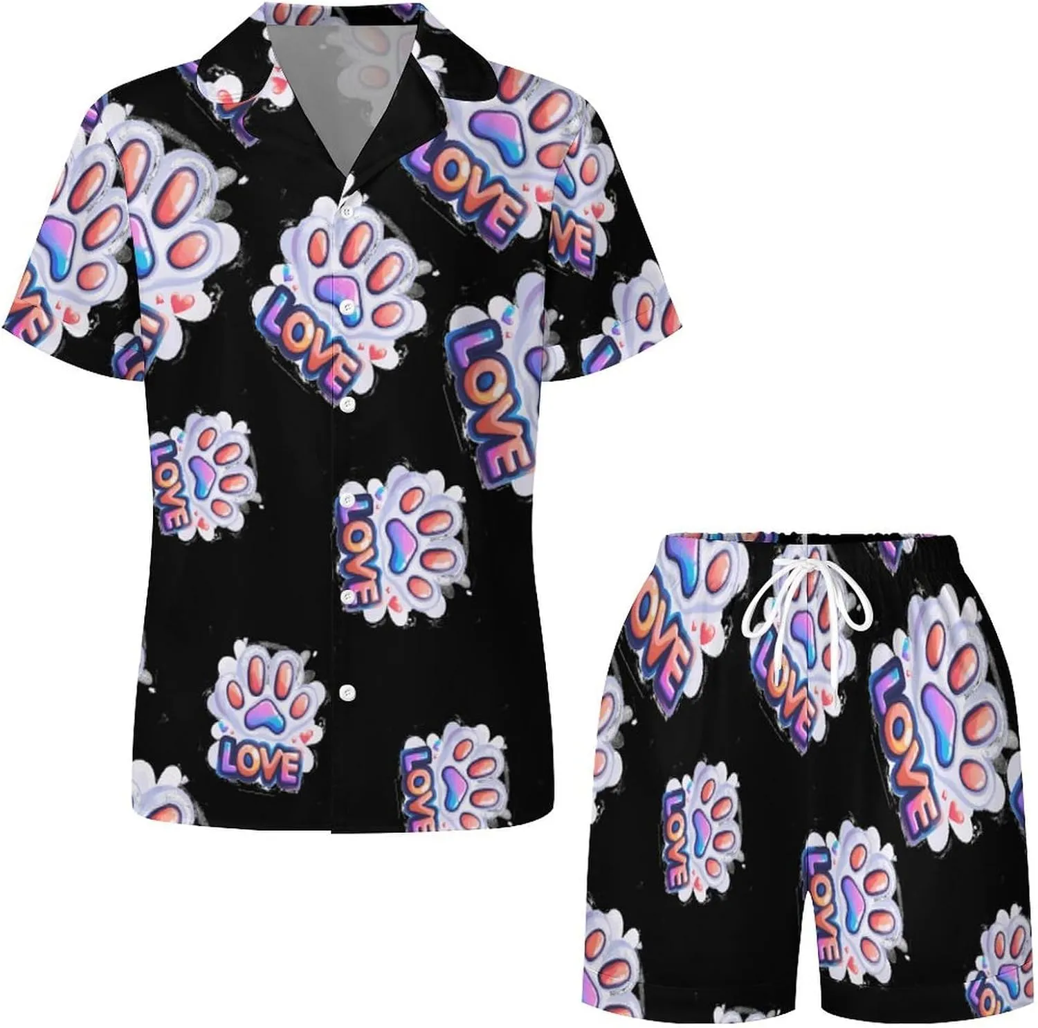 Love Paw Print Women's Satin Pajama Set Short Sleeve Button Down Sleepwear Loungewear Pj Set