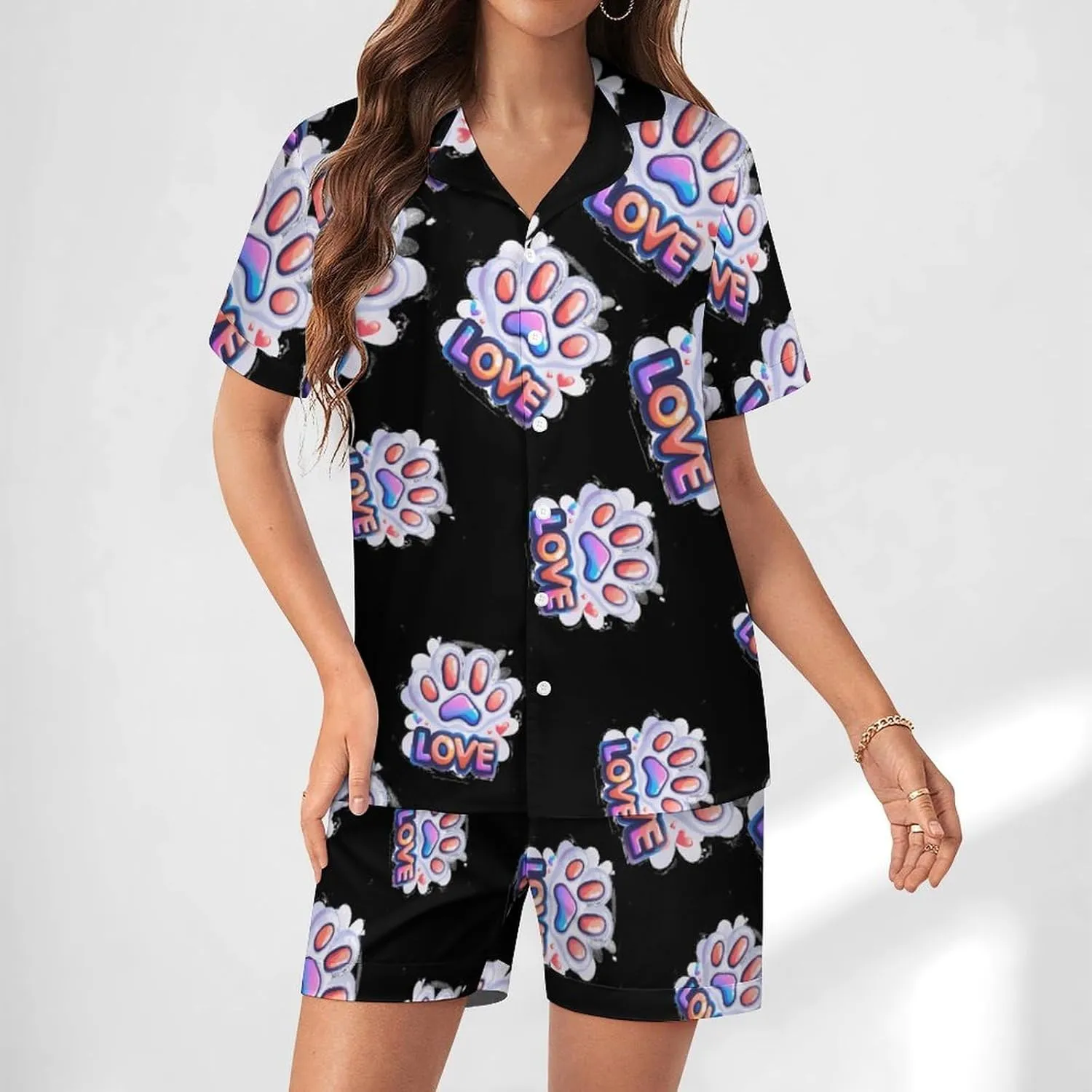 Love Paw Print Women's Satin Pajama Set Short Sleeve Button Down Sleepwear Loungewear Pj Set