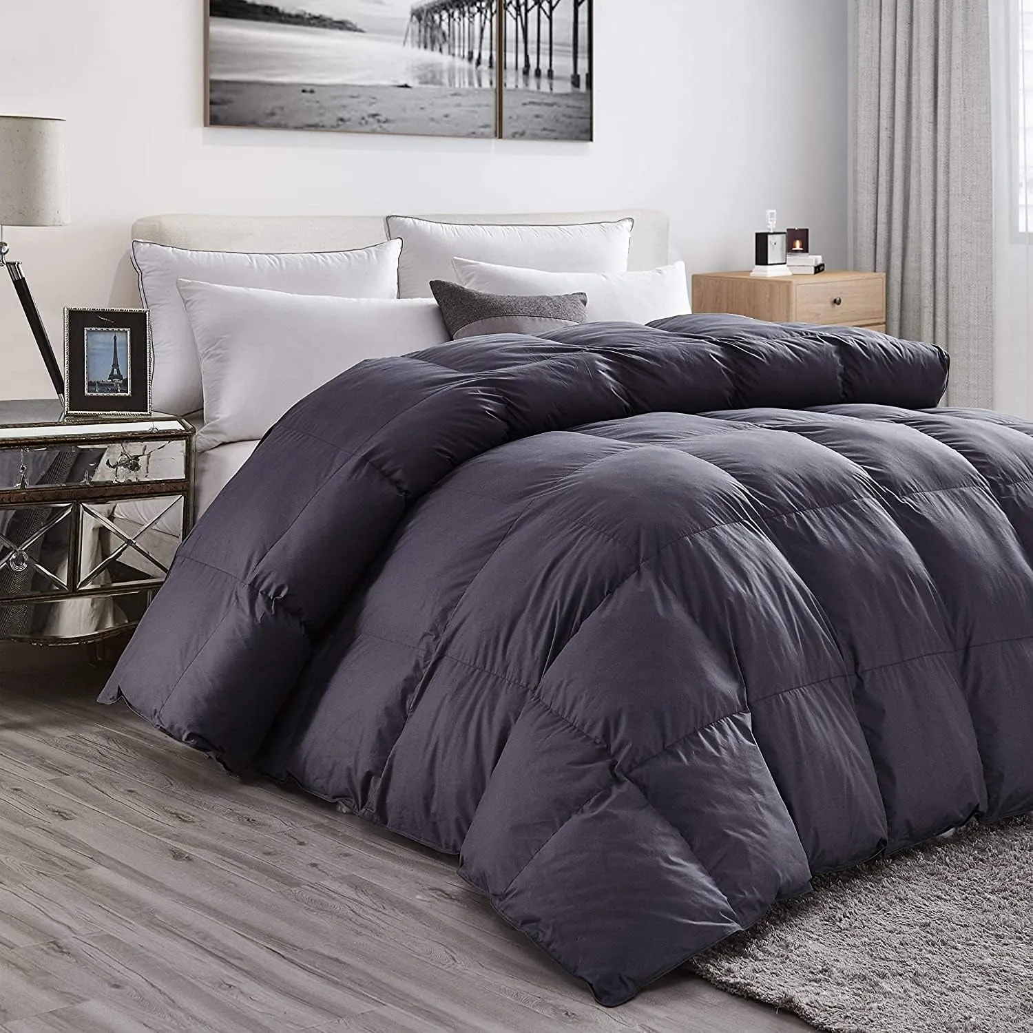 Luxurious All-Season Goose Down Feather Comforter Duvet Oversize 108 x 98 inches, Gray, Baffle Box, 1200 Thread Count 100% Egyptian Cotton Cover, 750  Fill Power (California King/Palatial King)