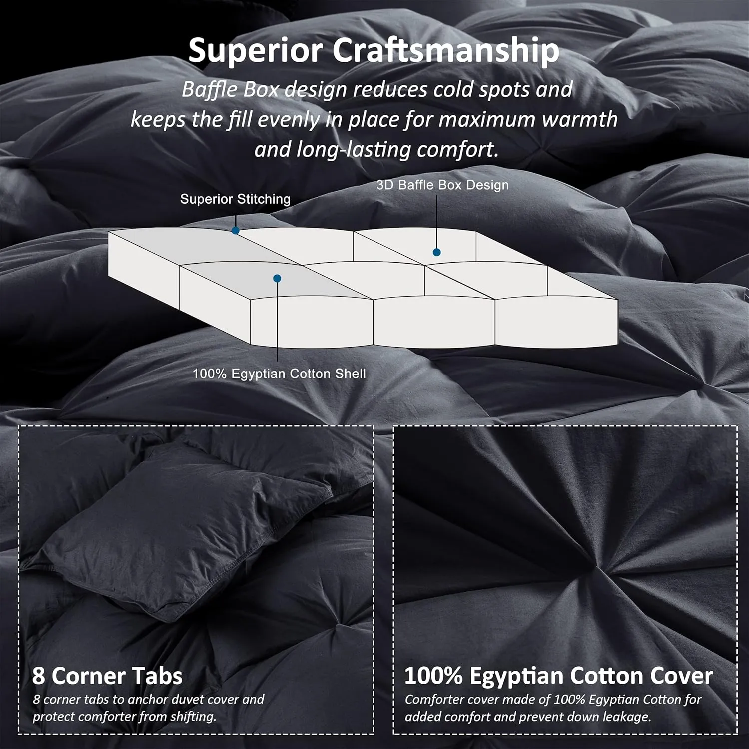 Luxurious All-Season Goose Down Feather Fiber Comforter Twin Size Duvet Insert, Exquisite Pinch Pleat Design, Premium Baffle Box, 100% Egyptian Cotton Cover, 50 oz. Fill Weight, Black