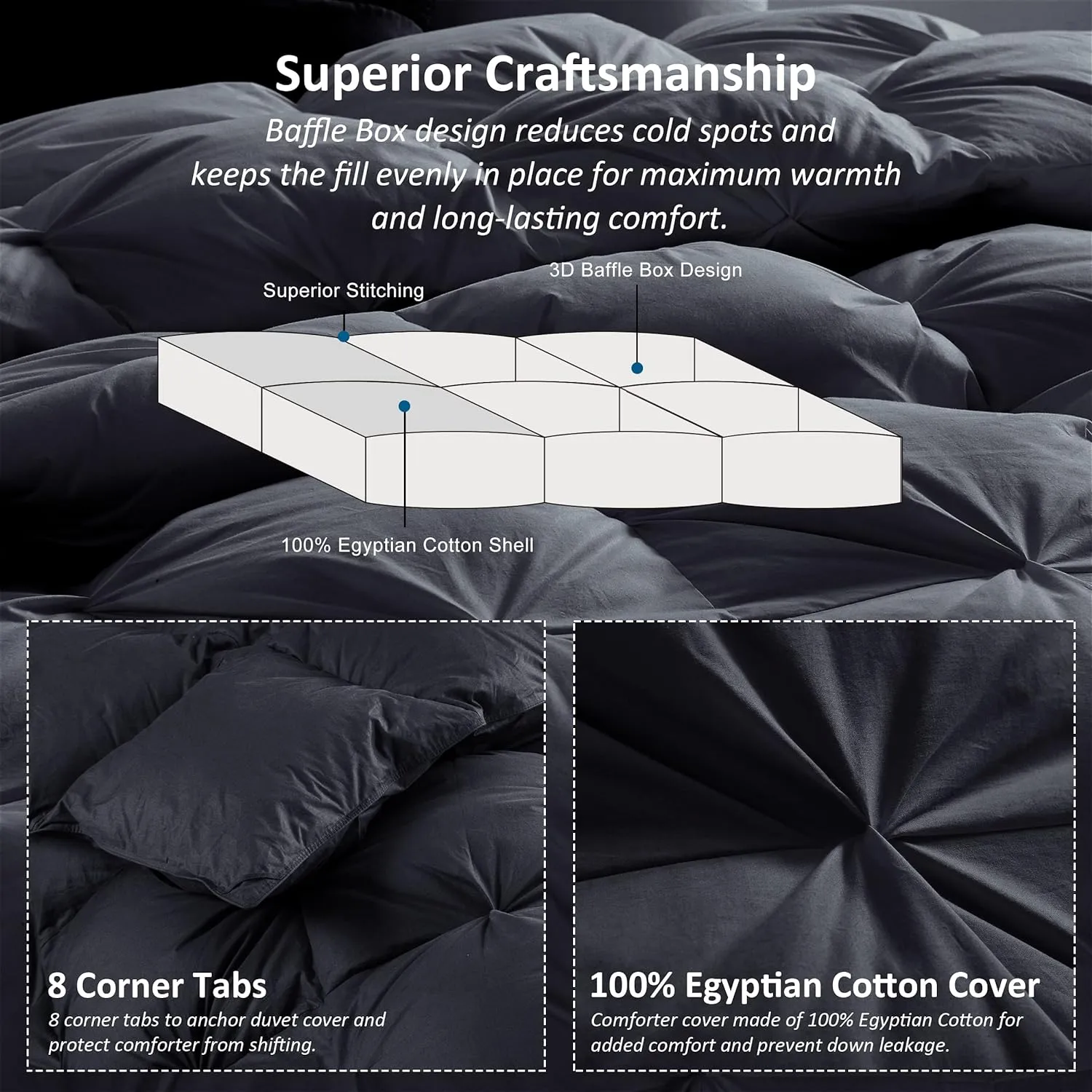 Luxurious All-Season Goose Down Feather Fiber Comforter Twin Size Duvet Insert, Exquisite Pinch Pleat Design, Premium Baffle Box, 100% Egyptian Cotton Cover, 50 oz. Fill Weight, Black