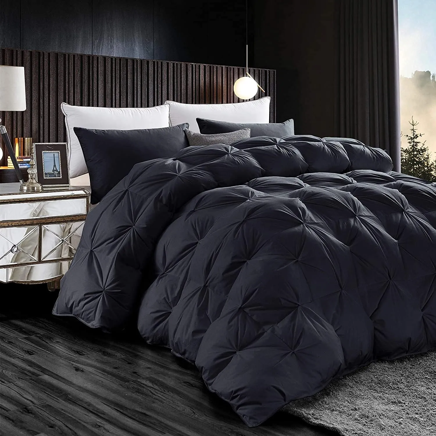 Luxurious All-Season Goose Down Feather Fiber Comforter Twin Size Duvet Insert, Exquisite Pinch Pleat Design, Premium Baffle Box, 100% Egyptian Cotton Cover, 50 oz. Fill Weight, Black