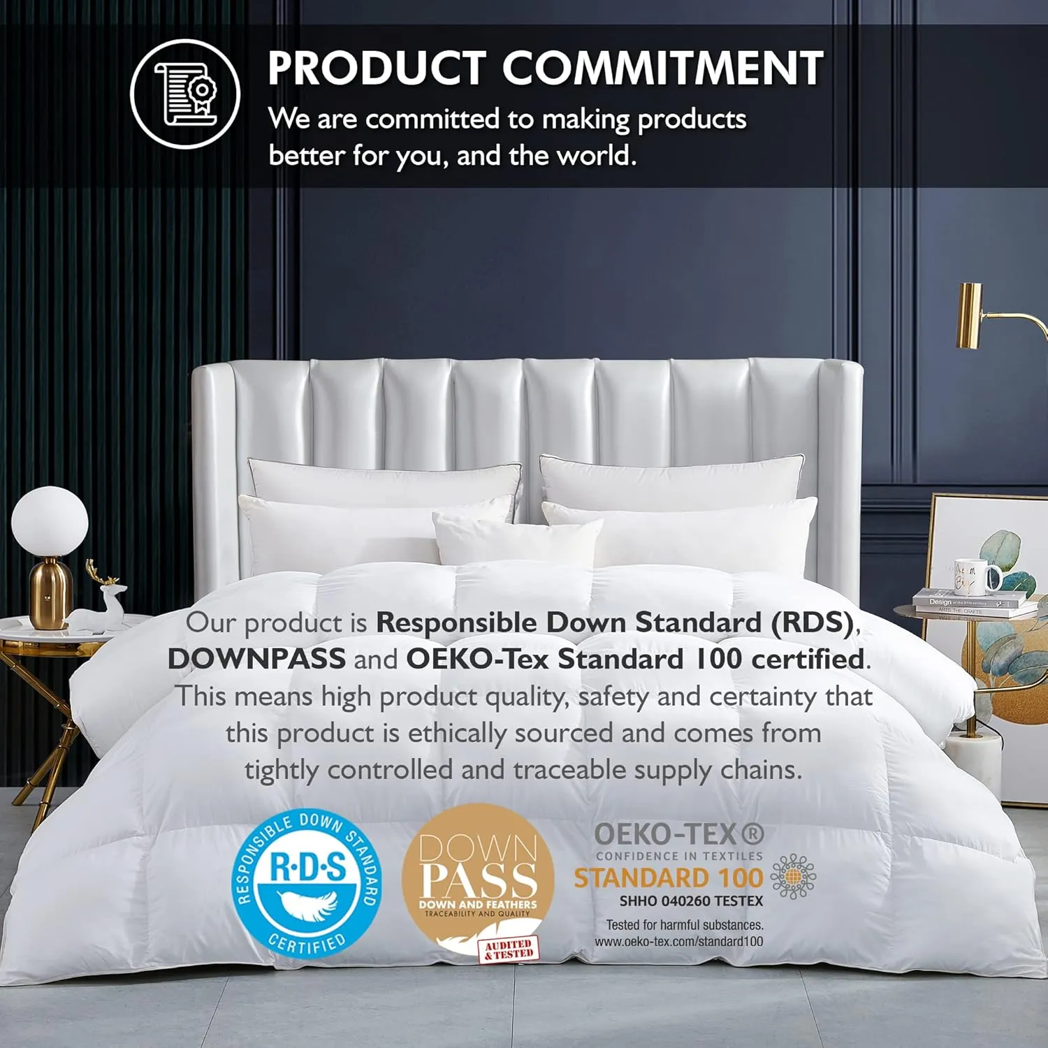 Luxurious White Solid Heavy Weight, King Size Goose Feathers Down Comforter for Winter Weather Duvet Insert, Premium Baffle Box, 100% Egyptian Cotton Cover, 70 oz. Fill Weight