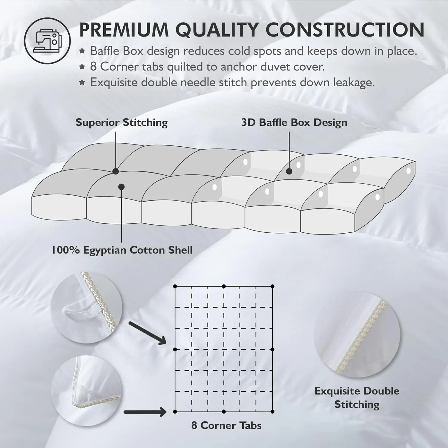 Luxurious White Solid Heavy Weight, King Size Goose Feathers Down Comforter for Winter Weather Duvet Insert, Premium Baffle Box, 100% Egyptian Cotton Cover, 70 oz. Fill Weight