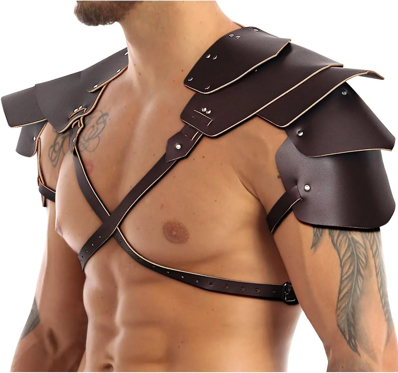 L'VOW Men's Medieval Pauldron - Leather Shoulder Armor for Knight Cosplay, Halloween LARP Ren Faire Costume Accessory