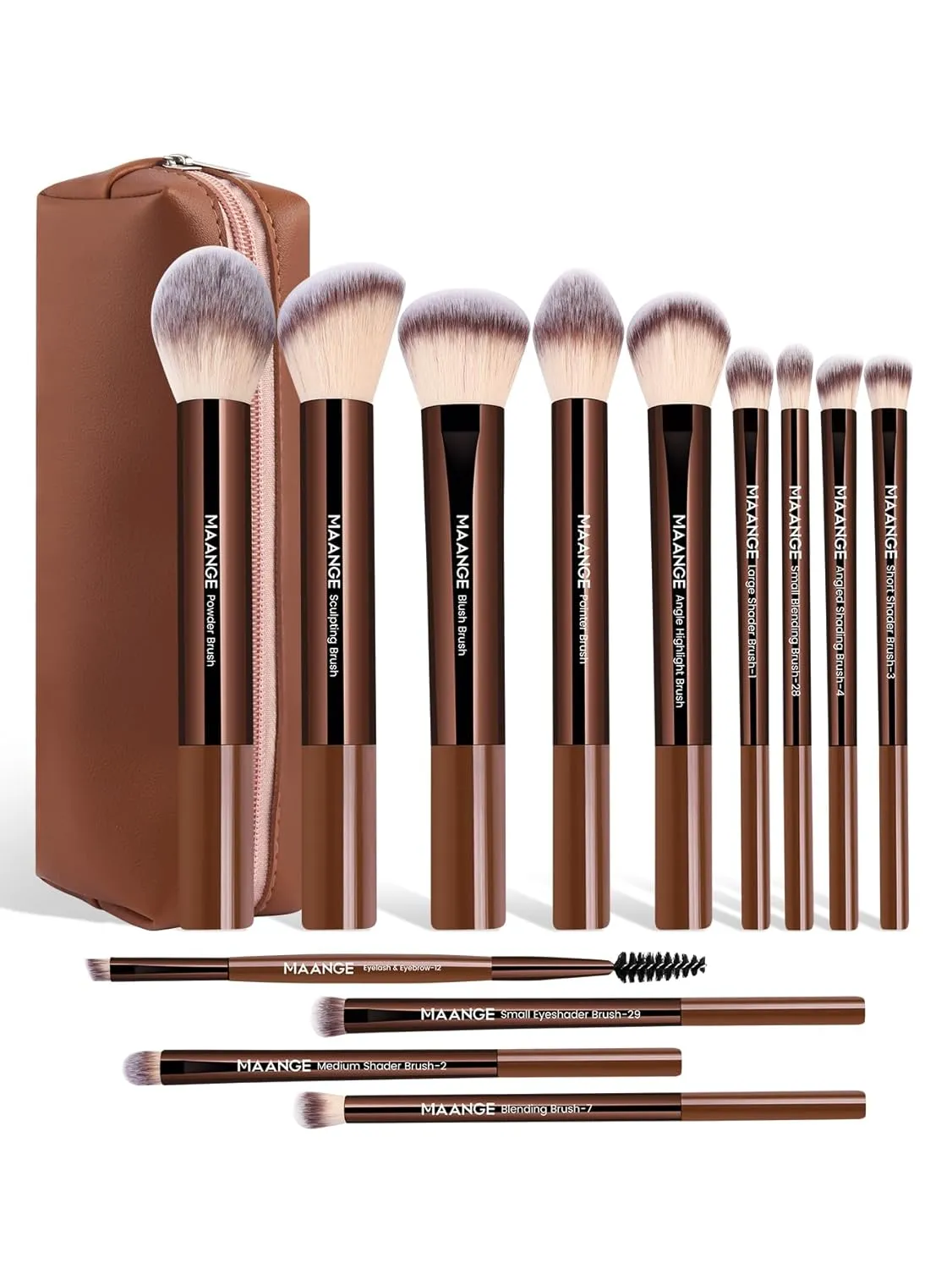 MAANGE 13 PCS Makeup Brushes Professional Make Up Brushes Premium Synthetic Powder Concealers Brushes Travel Makeup Brush Set with Case (Coffee)