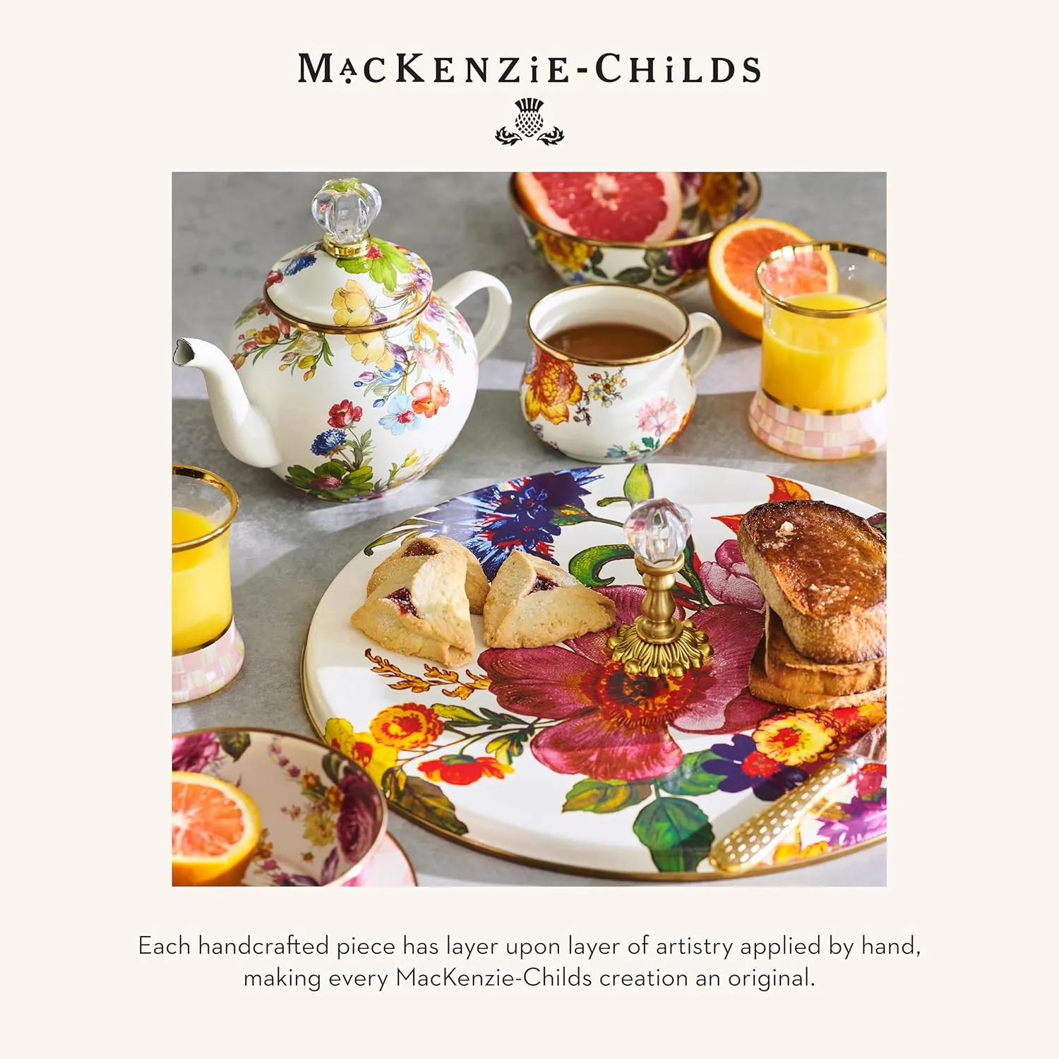 MACKENZIE-CHILDS Enamel Tea Kettle, Stylish Tea Kettle for Stovetop, White Flower Market, 2 Quarts