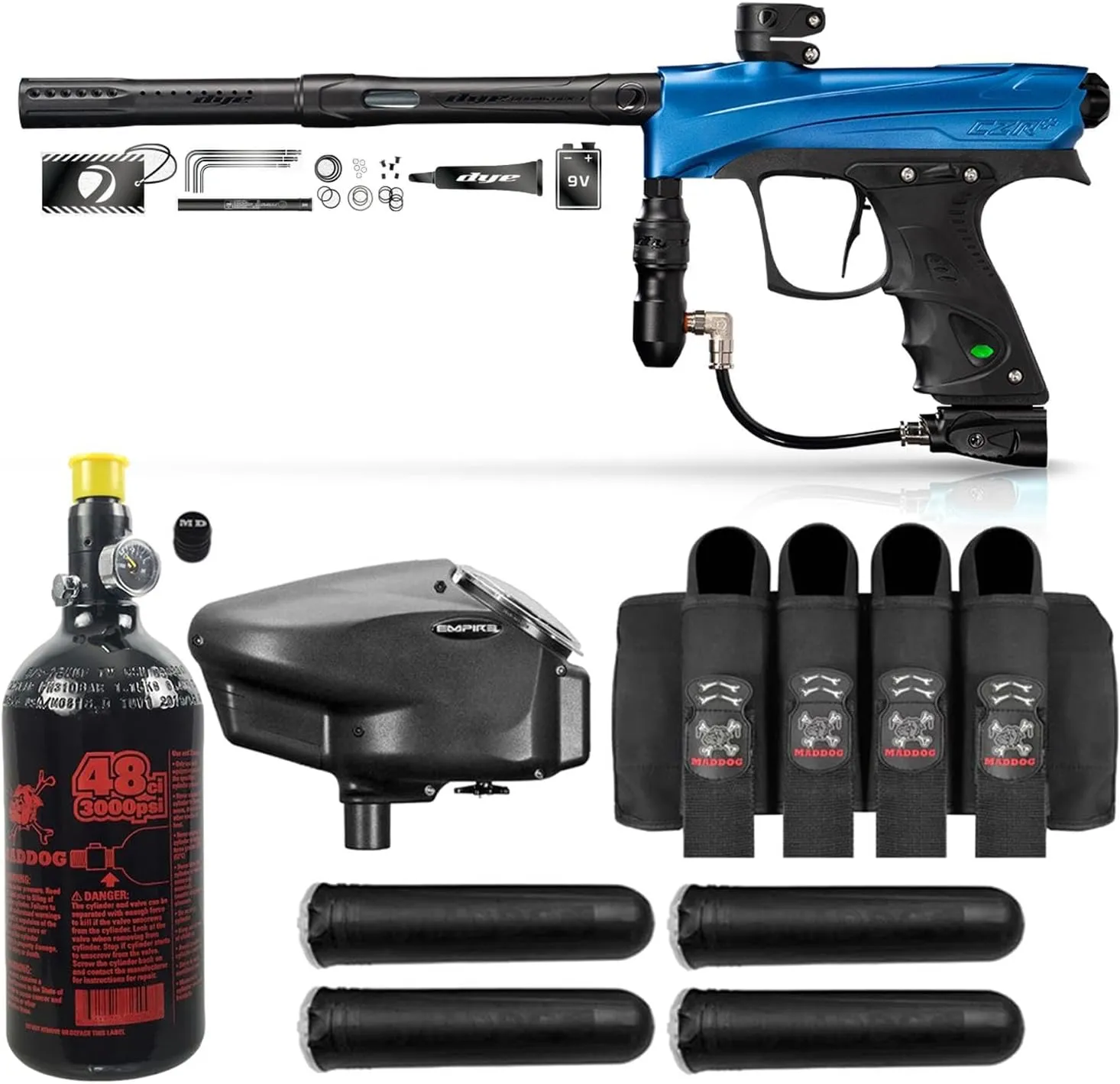 Maddog DYE CZR  Full Auto Electronic Paintball Gun Marker Advanced Starter Package | HPA Tank, Empire Halo Too Loader, Paintball Harness & Pods
