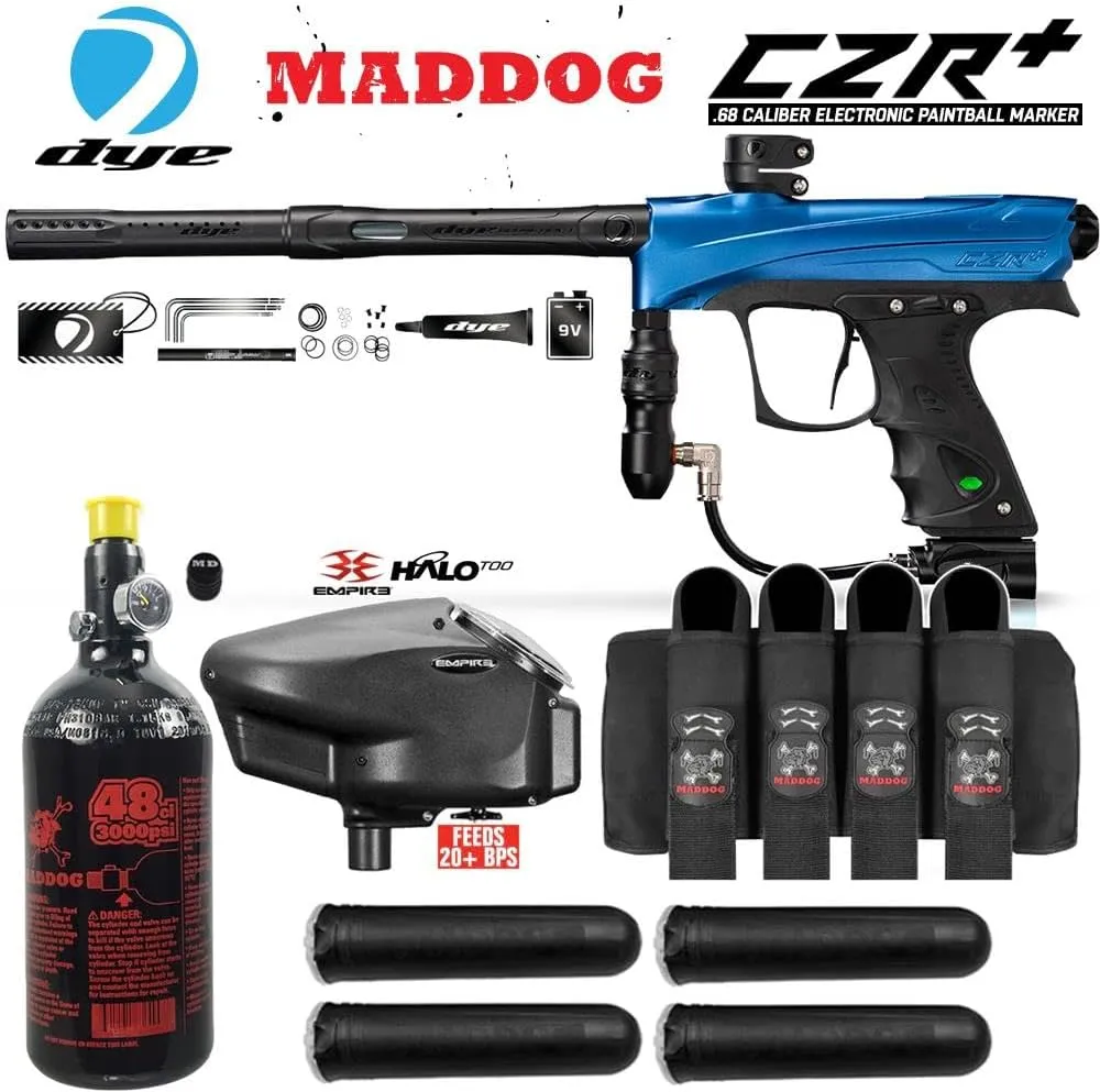 Maddog DYE CZR  Full Auto Electronic Paintball Gun Marker Advanced Starter Package | HPA Tank, Empire Halo Too Loader, Paintball Harness & Pods