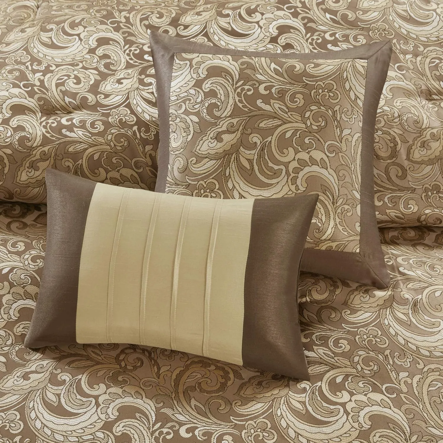Madison Park Essentials Brystol 24 Piece Room in a Bag Faux Silk Comforter Jacquard Paisley Design Matching Curtains Down Alternative Hypoallergenic All Season Bedding-Set, King(104"x92"), Brown
