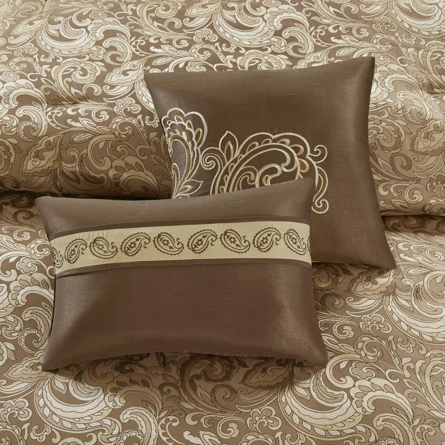 Madison Park Essentials Brystol 24 Piece Room in a Bag Faux Silk Comforter Jacquard Paisley Design Matching Curtains Down Alternative Hypoallergenic All Season Bedding-Set, King(104"x92"), Brown