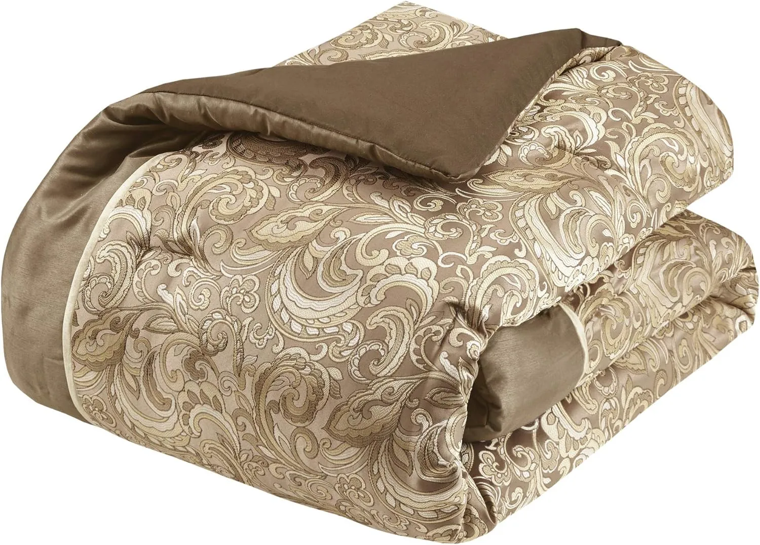 Madison Park Essentials Brystol 24 Piece Room in a Bag Faux Silk Comforter Jacquard Paisley Design Matching Curtains Down Alternative Hypoallergenic All Season Bedding-Set, King(104"x92"), Brown