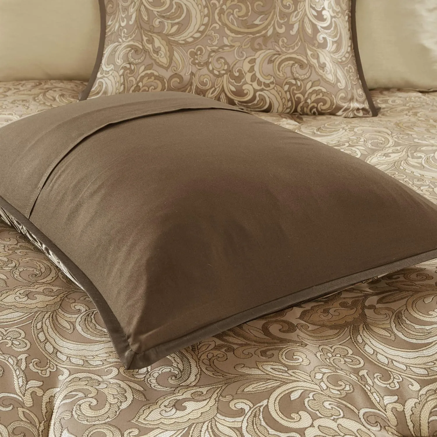 Madison Park Essentials Brystol 24 Piece Room in a Bag Faux Silk Comforter Jacquard Paisley Design Matching Curtains Down Alternative Hypoallergenic All Season Bedding-Set, King(104"x92"), Brown