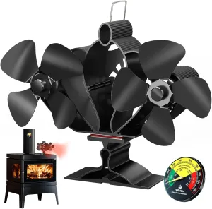 Magnetic Stove Fan with Thermometer & Gloves - 12 Blades, Silent Motors, Horizontal Air Flow for Wood/Gas/Pellet Stoves and Fireplaces