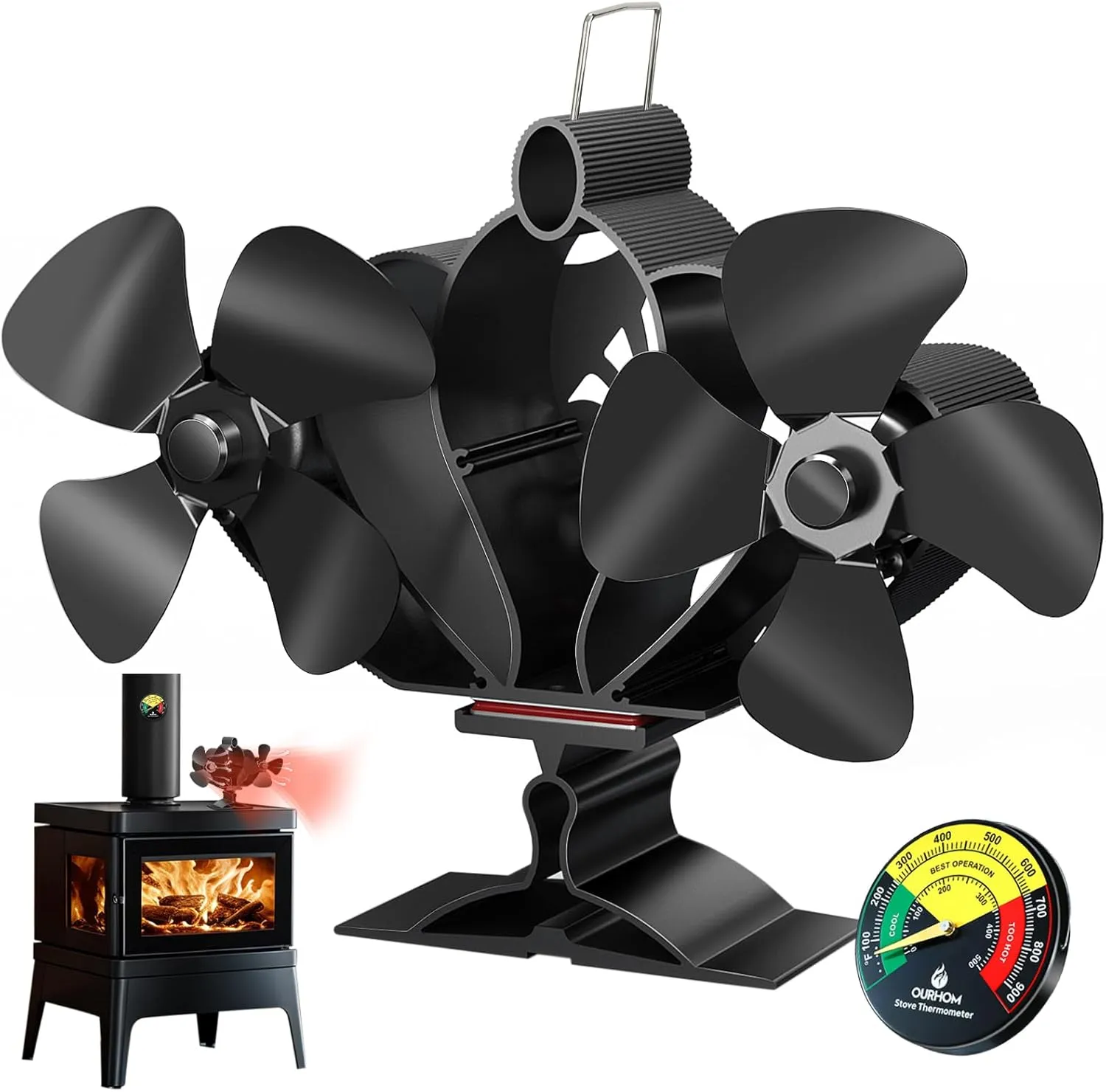 Magnetic Stove Fan with Thermometer & Gloves - 12 Blades, Silent Motors, Horizontal Air Flow for Wood/Gas/Pellet Stoves and Fireplaces