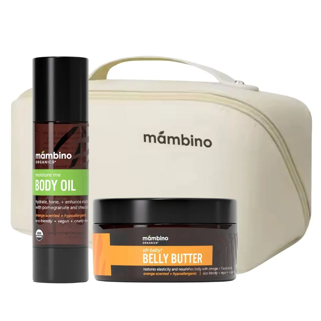 Mambino Organics Organic Skincare Gift Set   Free Bag for Pregnant Women – Moisture Me Body Oil & Oh Baby! Belly Balm (Anti-Stretch Duo Kit)