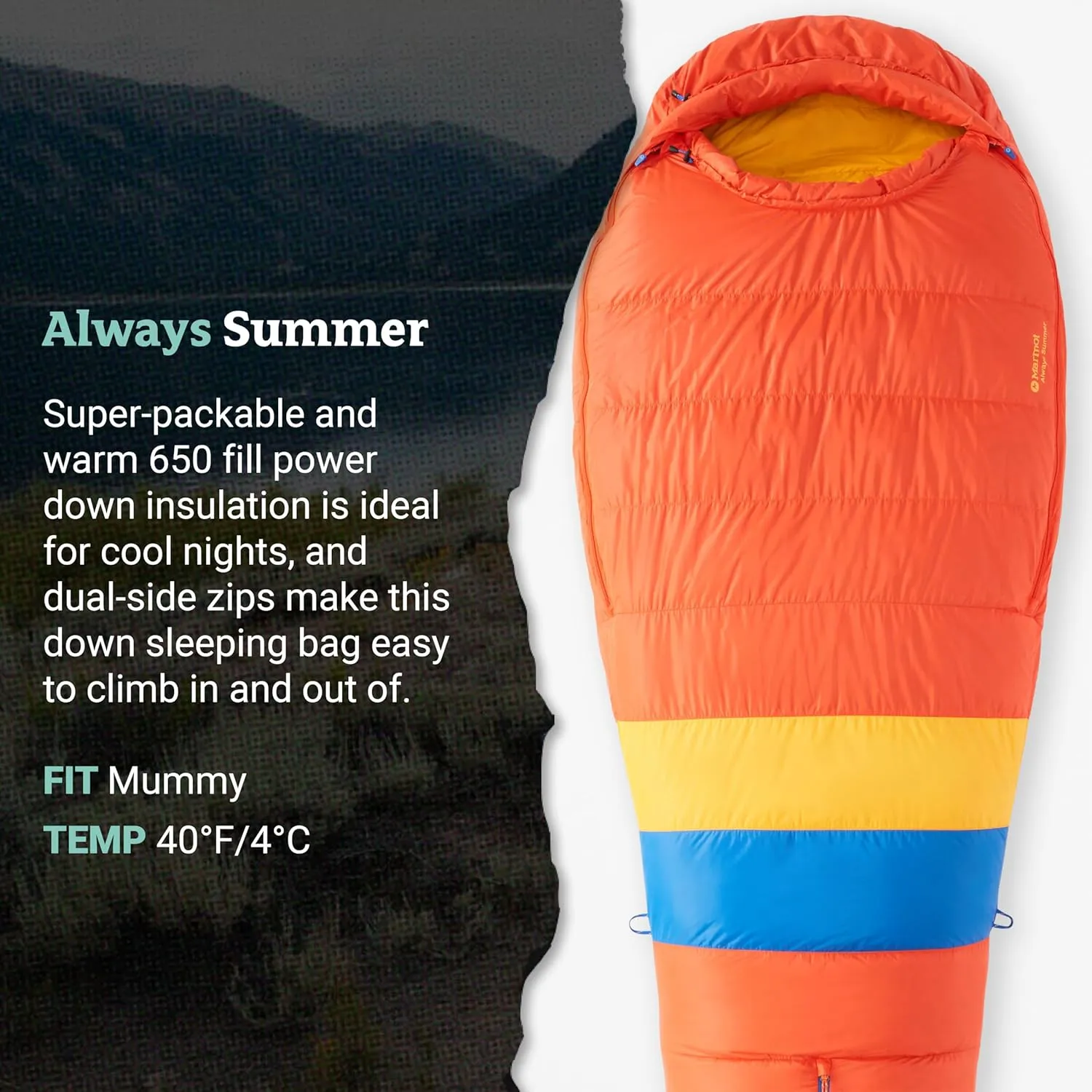 MARMOT Men's Always Summer 40° Sleeping Bag, 650 Fill Down for Camping & Backpacking