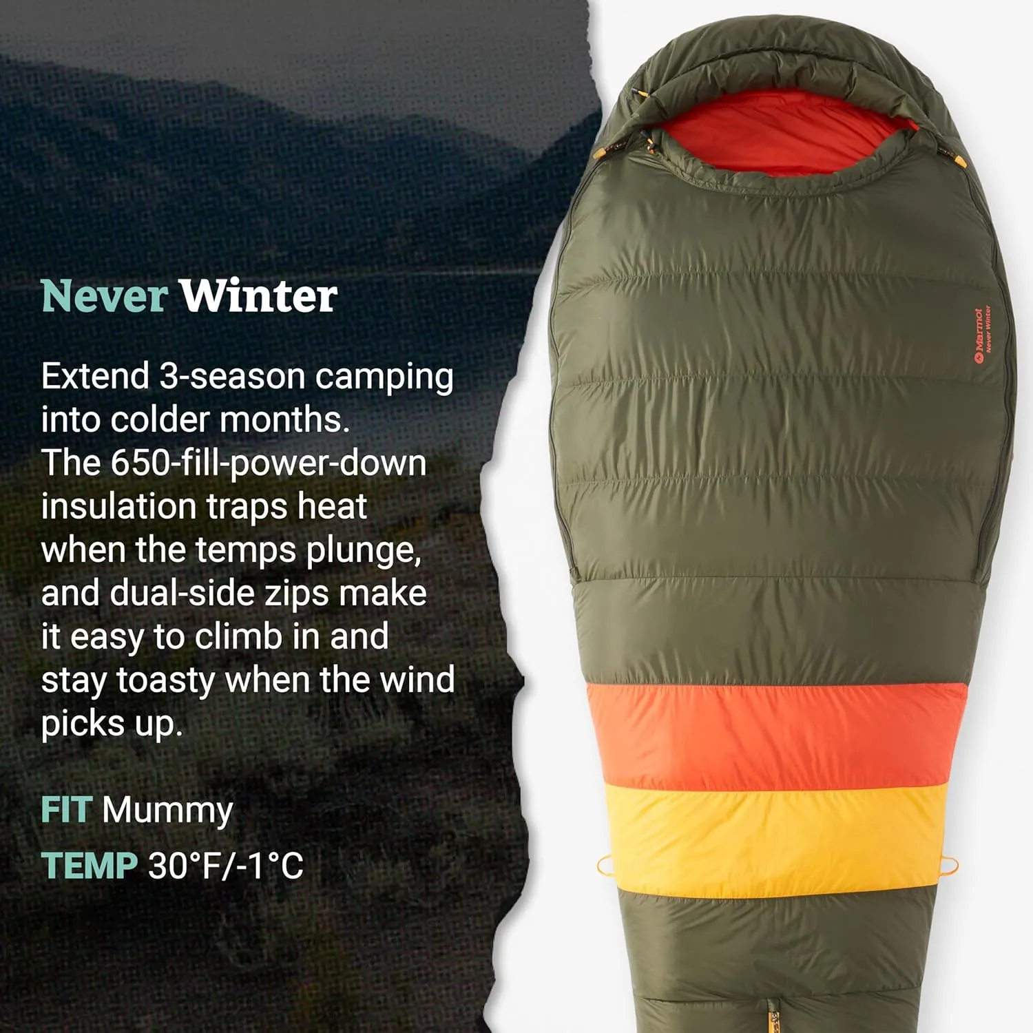 MARMOT Men's Never Winter 30° Sleeping Bag, 650 Fill Down for Camping & Backpacking