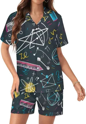 Mathematical Multicolored Formulas Women's Satin Pajama Set Short Sleeve Button Down Sleepwear Loungewear Pj Set