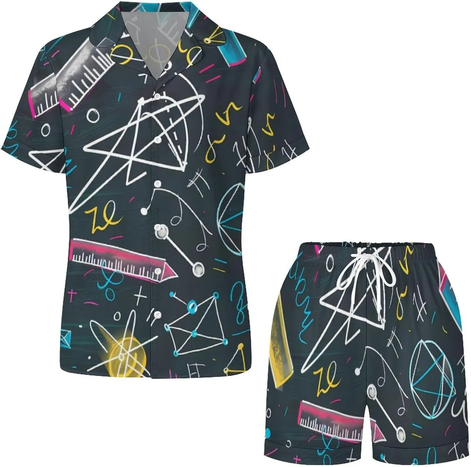 Mathematical Multicolored Formulas Women's Satin Pajama Set Short Sleeve Button Down Sleepwear Loungewear Pj Set
