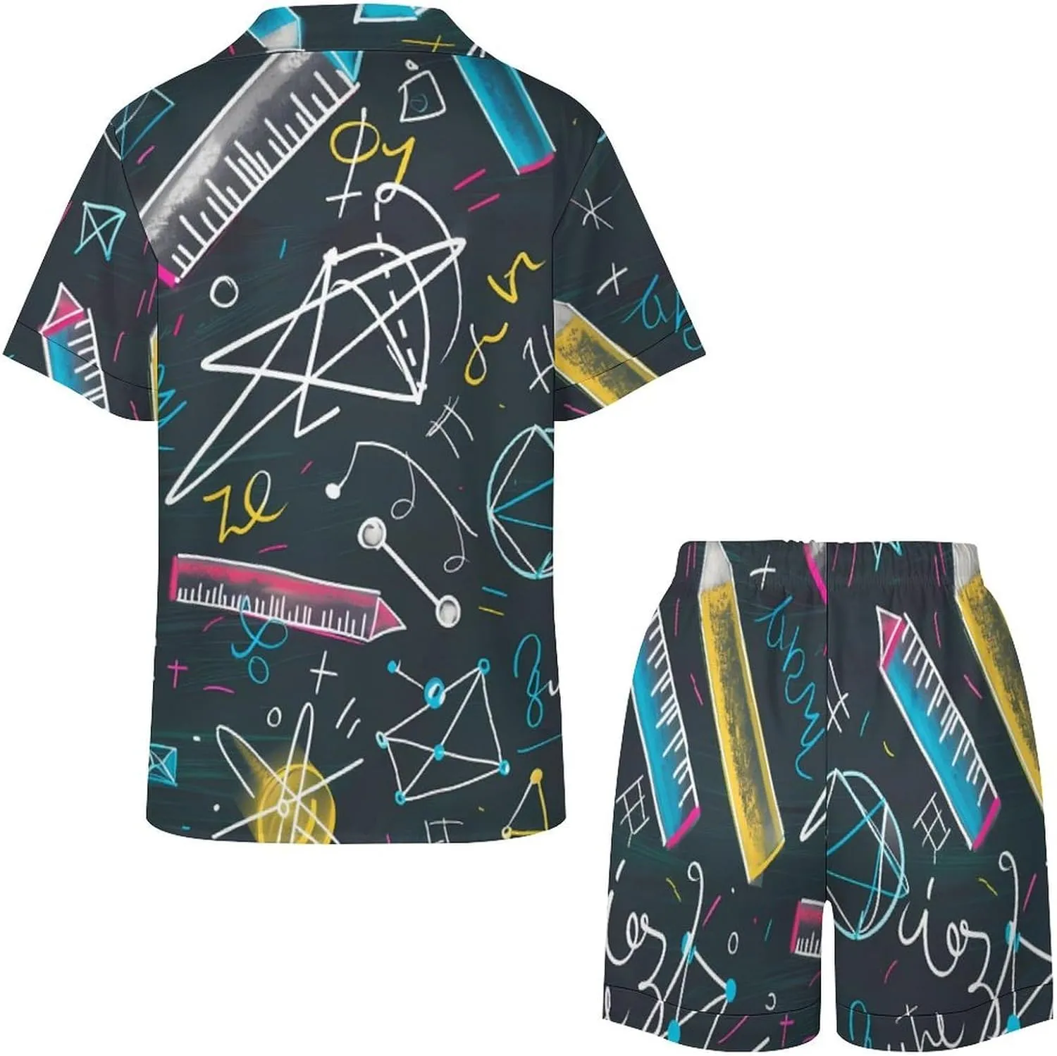Mathematical Multicolored Formulas Women's Satin Pajama Set Short Sleeve Button Down Sleepwear Loungewear Pj Set