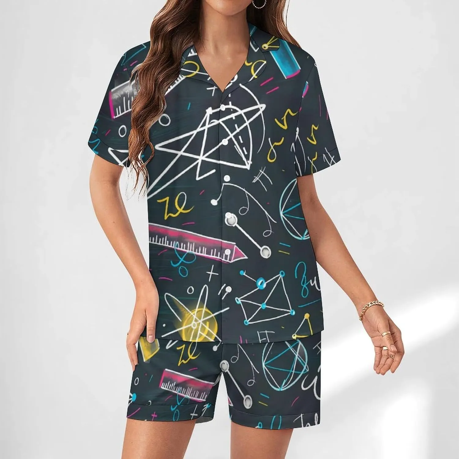 Mathematical Multicolored Formulas Women's Satin Pajama Set Short Sleeve Button Down Sleepwear Loungewear Pj Set