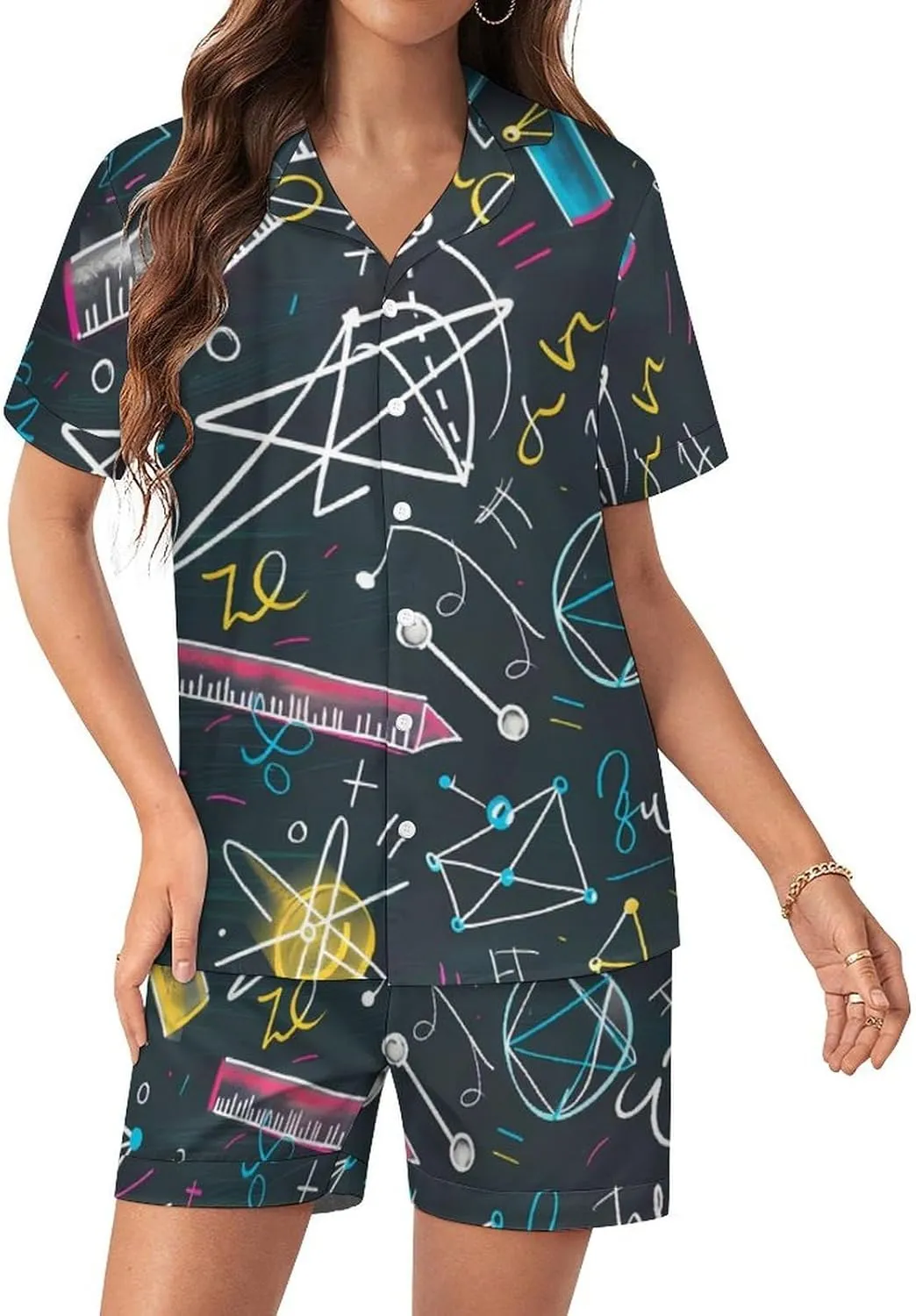 Mathematical Multicolored Formulas Women's Satin Pajama Set Short Sleeve Button Down Sleepwear Loungewear Pj Set