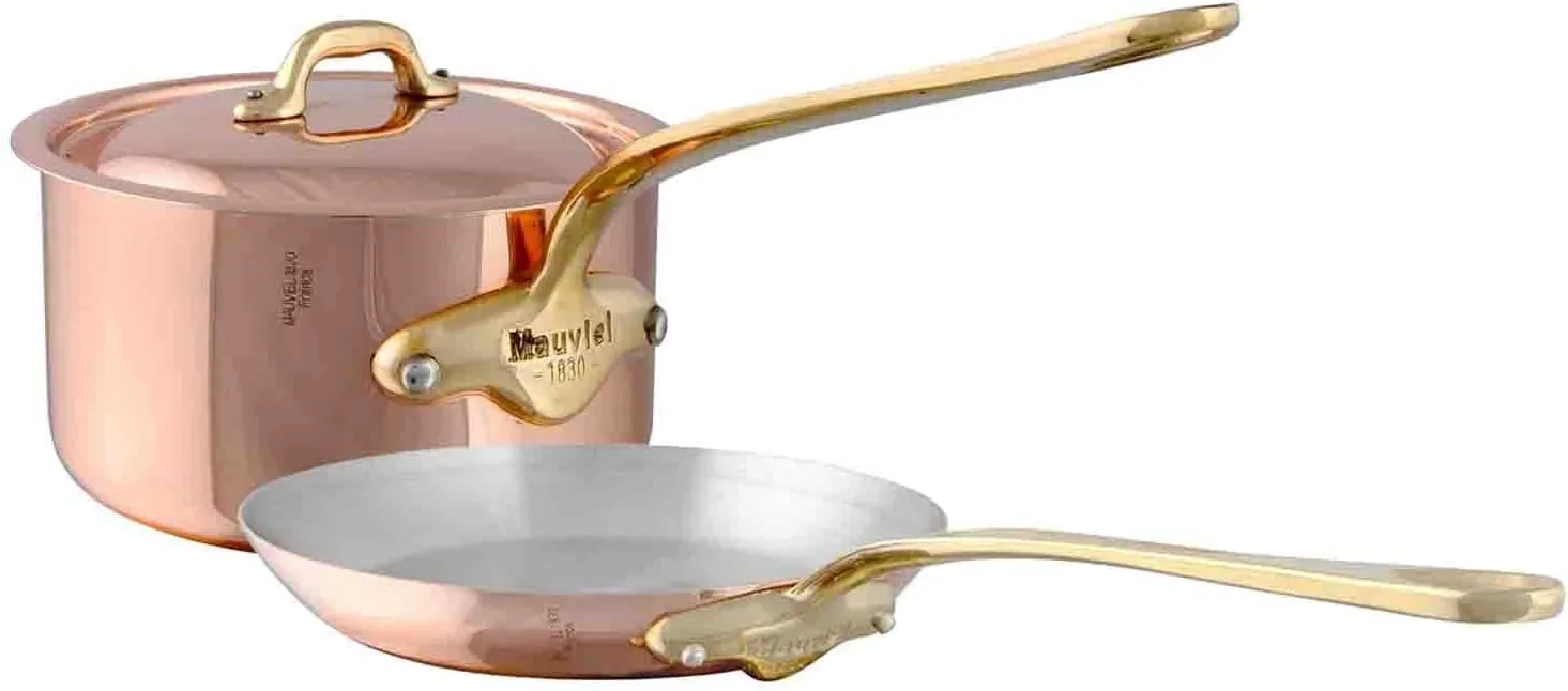 Mauviel M'150 B 1.5mm Polished Copper & Stainless Steel Sauce Pan 1.9-qt and Frying Pan 7.9-In, Made in France