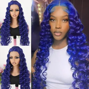 Maycaur Long Kinky Curly Lace Front Wigs for Women Dark Blue Synthetic Lace Front Wig with Natural Pre Plucked Hairline Deep Curly Glueless Wigs for Daily Party Cosplay Use