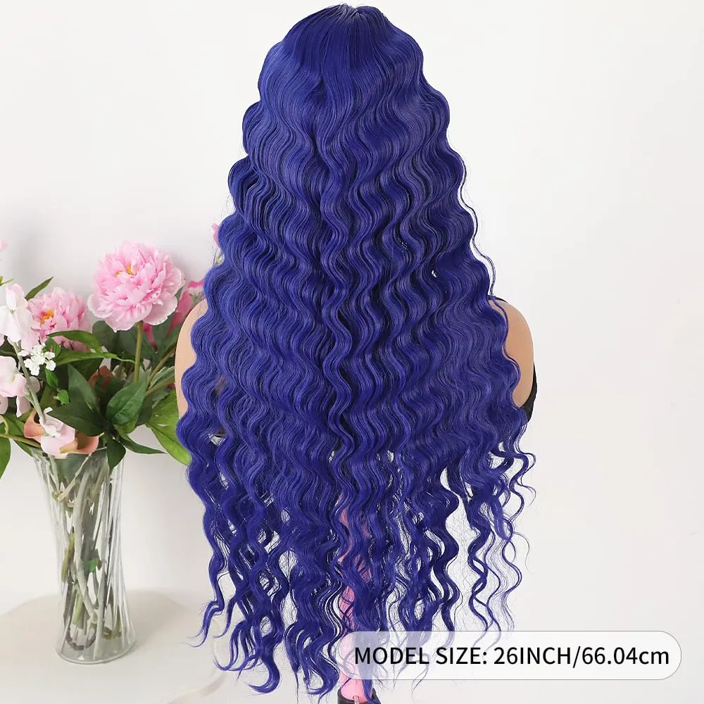 Maycaur Long Kinky Curly Lace Front Wigs for Women Dark Blue Synthetic Lace Front Wig with Natural Pre Plucked Hairline Deep Curly Glueless Wigs for Daily Party Cosplay Use