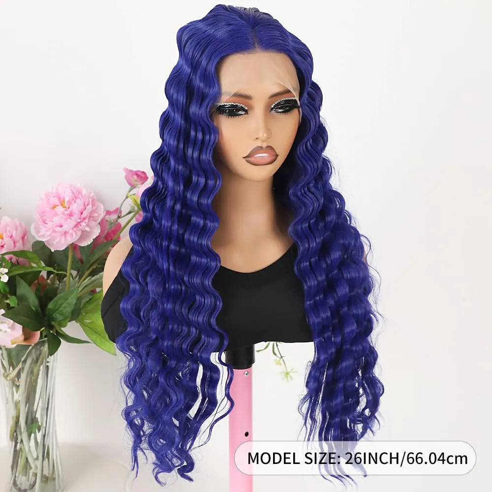 Maycaur Long Kinky Curly Lace Front Wigs for Women Dark Blue Synthetic Lace Front Wig with Natural Pre Plucked Hairline Deep Curly Glueless Wigs for Daily Party Cosplay Use