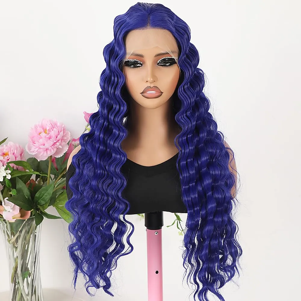 Maycaur Long Kinky Curly Lace Front Wigs for Women Dark Blue Synthetic Lace Front Wig with Natural Pre Plucked Hairline Deep Curly Glueless Wigs for Daily Party Cosplay Use