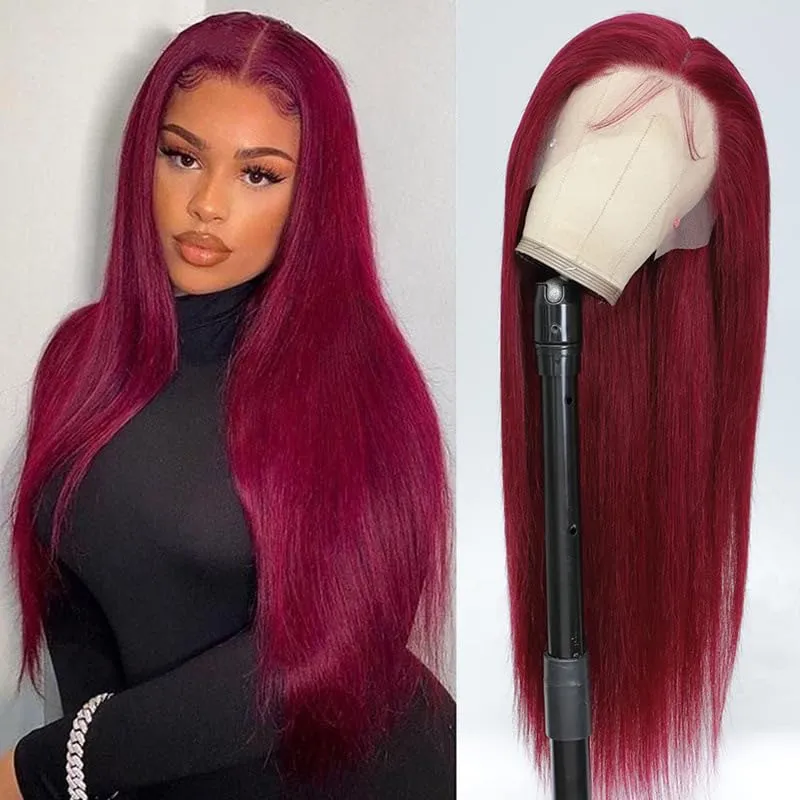 mdgfge 26 Inch Burgundy Straight Lace Front Wigs Human Hair Transparent Pre Plucked Lace Frontal Wigs Human Synthetic Hair Wine Red Glueless Wigs for Black Women Halloween Cosplay Party