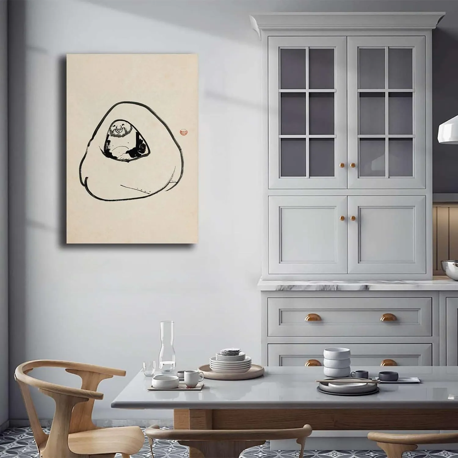 MEIXI MOBILE Oil on Canvas Posters And PrintsJapanese Artwork Laughing Hotei Hotei Within His Sack Japanese Decor Kogan Gengei Japanese Art Print Kitchen Dining Room Wall Decor 8x12inch wood Frame