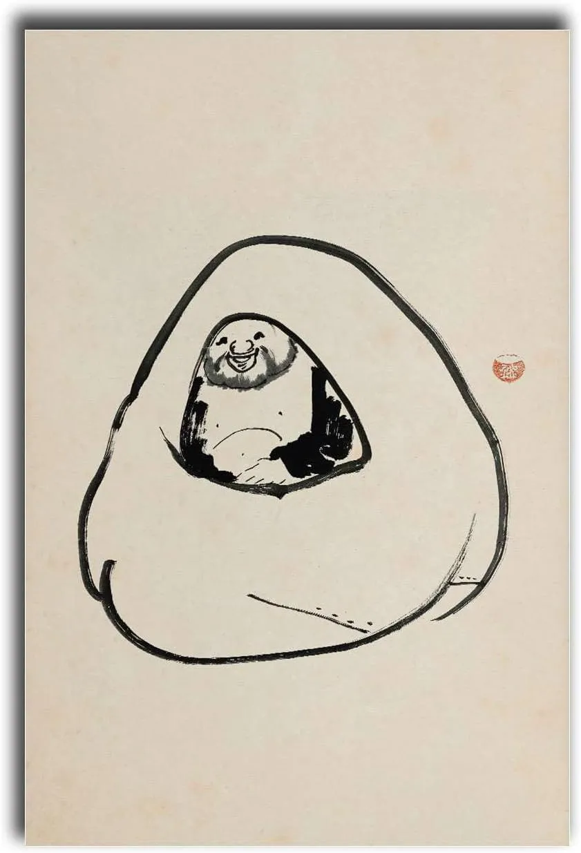 MEIXI MOBILE Oil on Canvas Posters And PrintsJapanese Artwork Laughing Hotei Hotei Within His Sack Japanese Decor Kogan Gengei Japanese Art Print Kitchen Dining Room Wall Decor 8x12inch wood Frame