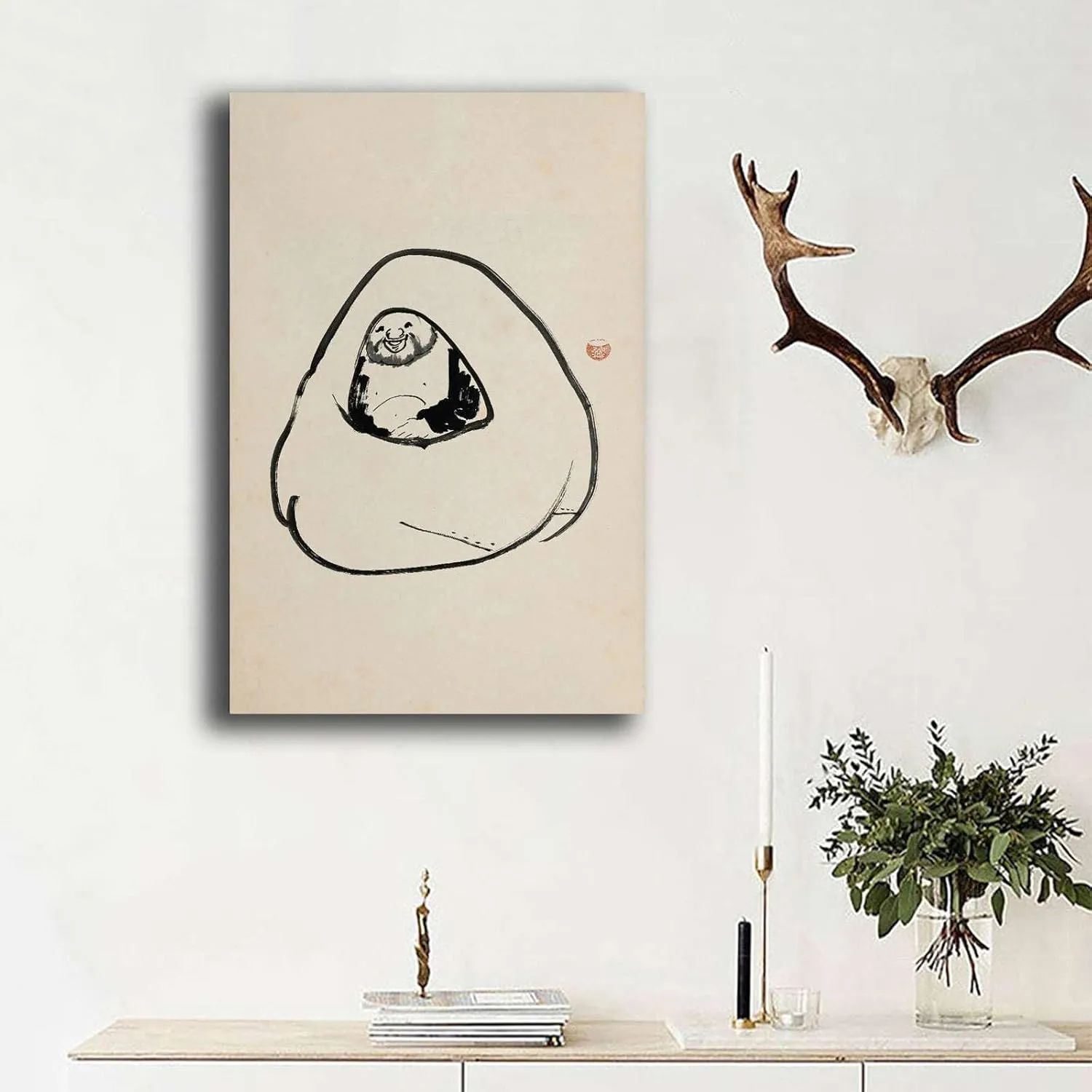 MEIXI MOBILE Oil on Canvas Posters And PrintsJapanese Artwork Laughing Hotei Hotei Within His Sack Japanese Decor Kogan Gengei Japanese Art Print Kitchen Dining Room Wall Decor 8x12inch wood Frame