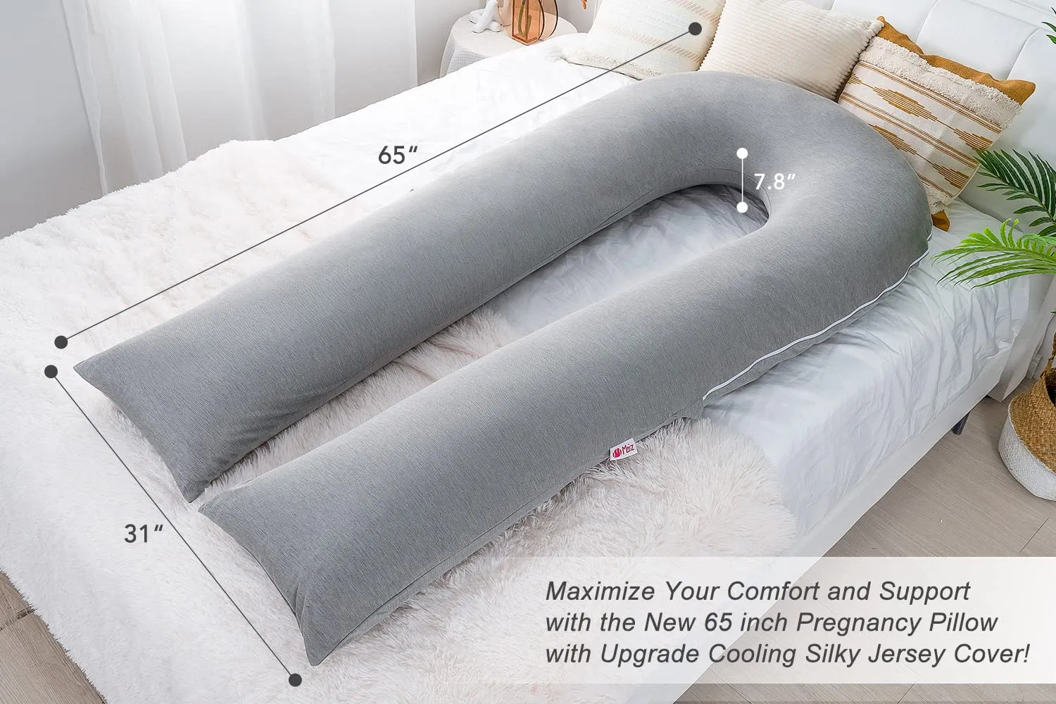 Meiz Pregnancy Pillow, Cooling Silky Pregnancy Pillows for Sleeping, 65" Full Body Maternity Pillow for Tall Pregnant Woman with Cooling Silk Jersey Cover, Grey